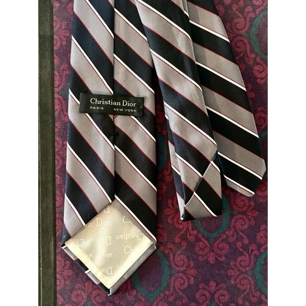 Vintage Christian Dior Paris New York Silk Tie Black Gray Red Stripe Logo EUC